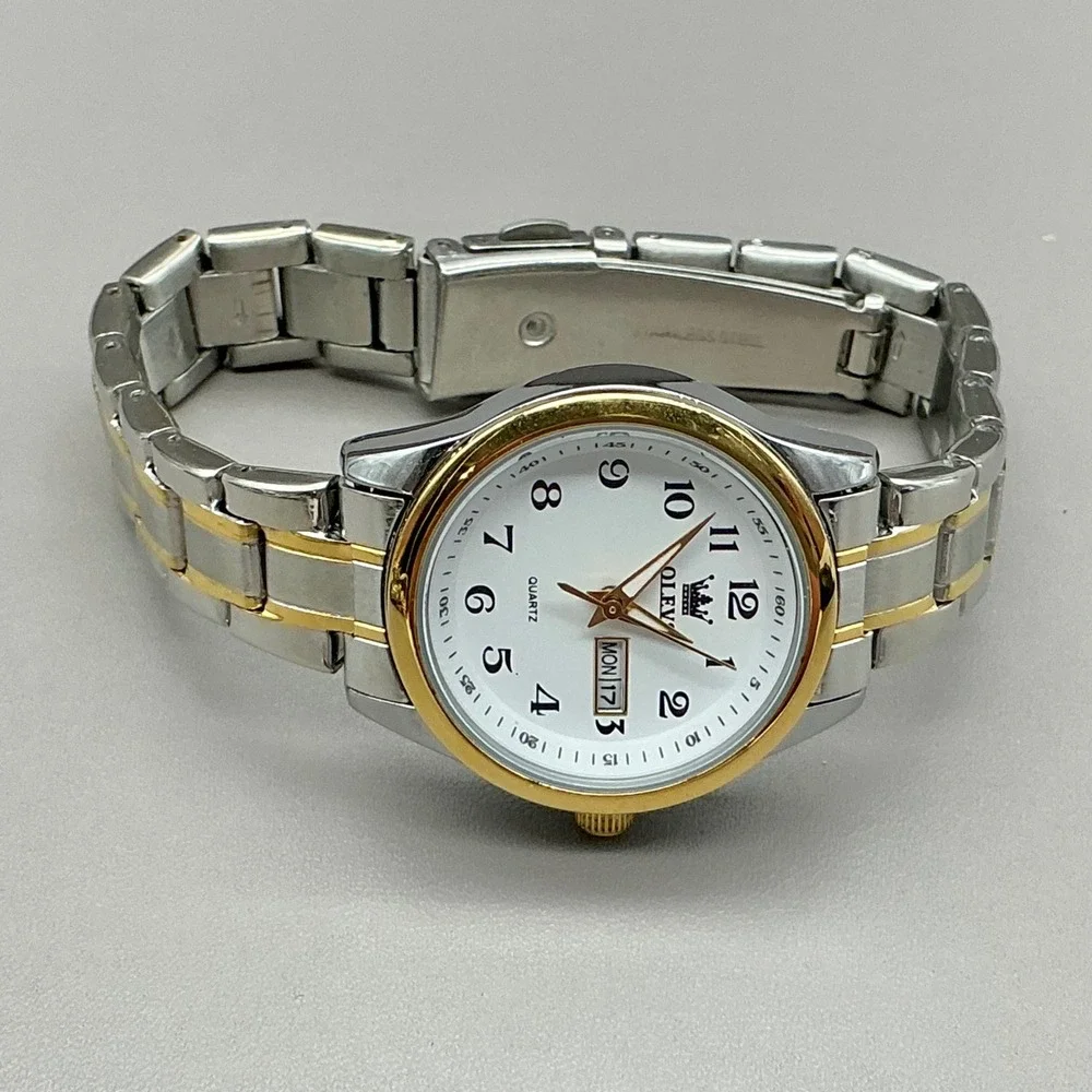OLEVS Watch Women's Two Tone Stainless Steel Day Date Quartz 30mm NEW BATTERY